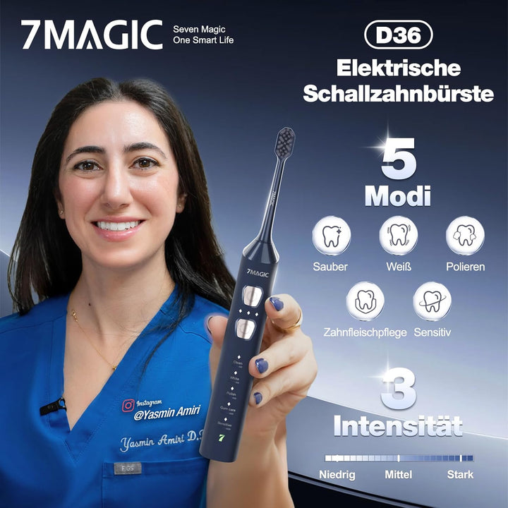 Elektrische Zahnbürste, Schallzahnbürste, Leise Zahnbürste Elektrisch mit 3 Intensitäten Und 5 Modi,