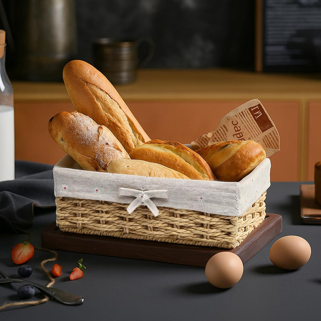 2er Set Brotkörbchen aus Papierseil, 2 Grössen Brötchenkorb mit Futter, Aufbewahrungskorb Körbchen A