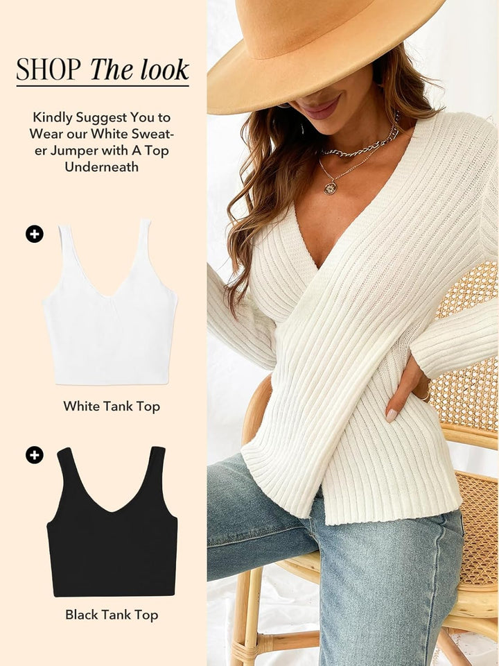 CUPSHE Damen Strickpullover V-Ausschnitt Wickeloptik Langarm Crossover Feinstrick Pulli Wickeloberte