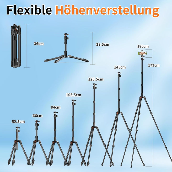 XXZU 180cm Stativ Kamera, Aluminium Handy Stativ mit Tasche, Leichtes Fotostativ mit 360° Kugelkopf