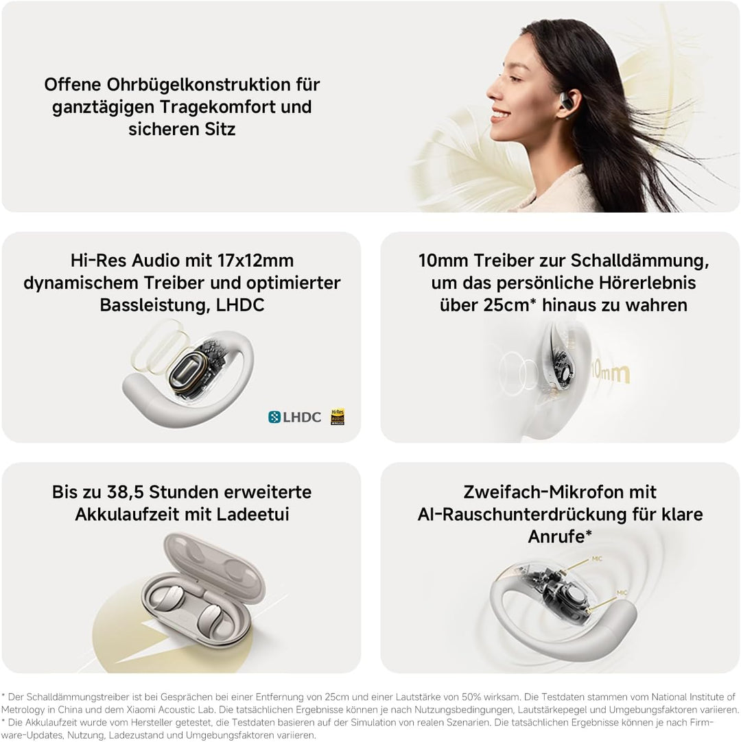 Xiaomi OpenWear Stereo - Leichter Bluetooth Open Ear Kopfhörer für den ganzen Tag mit 7.5 + 38.5 Stu