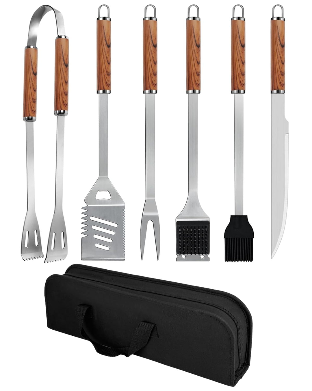 Grillbesteck Set, 6-teilig Edelstahl Grill Zubehör mit Tragetasche, Umfassendes Grillbesteck für das