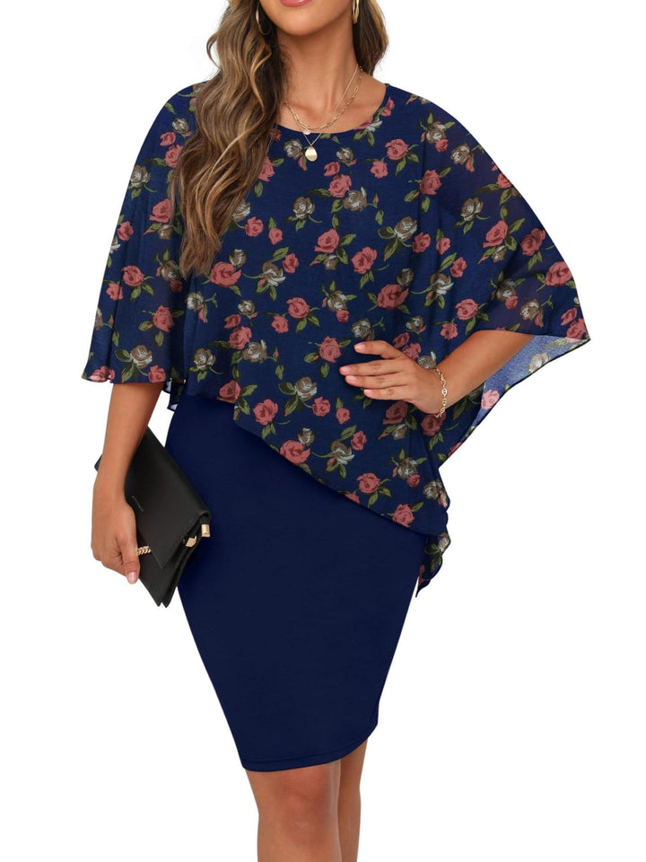 QIXING Damen Chiffon Cape Cocktialkleid Rundhals Ausschnitt Bleistiftkleid Sommerkleid Damen Knielan