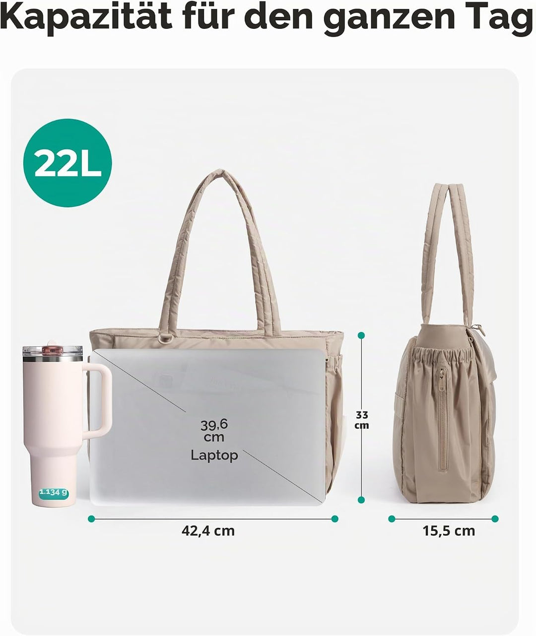 bagsmart Handtasche Damen Sporttasche Yogatasche, 22L Puffer Tote Bag mit Mehreren Taschen, Leichte