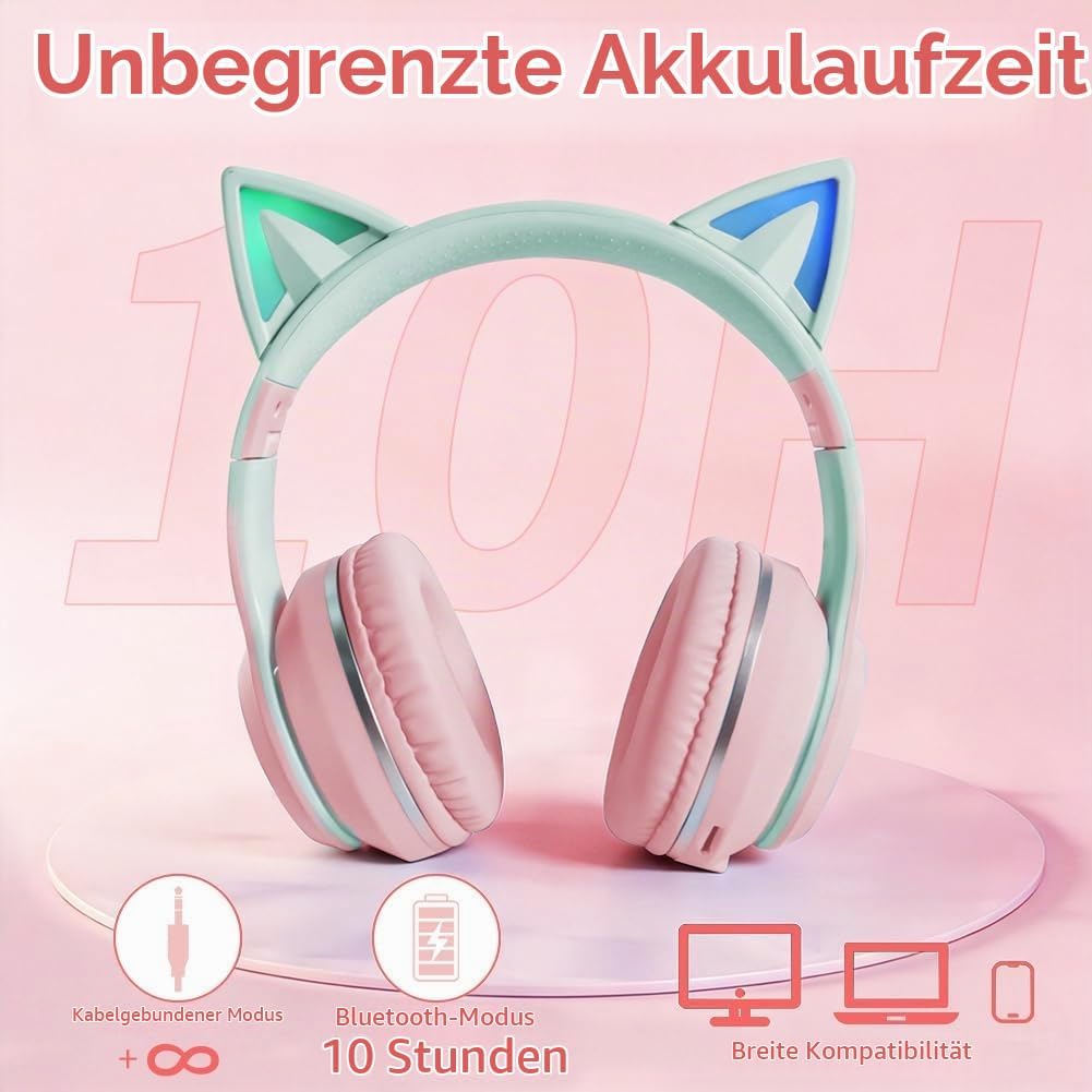 Kinder Bluetooth Kopfhörer, Katzenohr LED Lichter, Bluetooth 5.3 Stereo, Verstellbares Kopfband, 85d