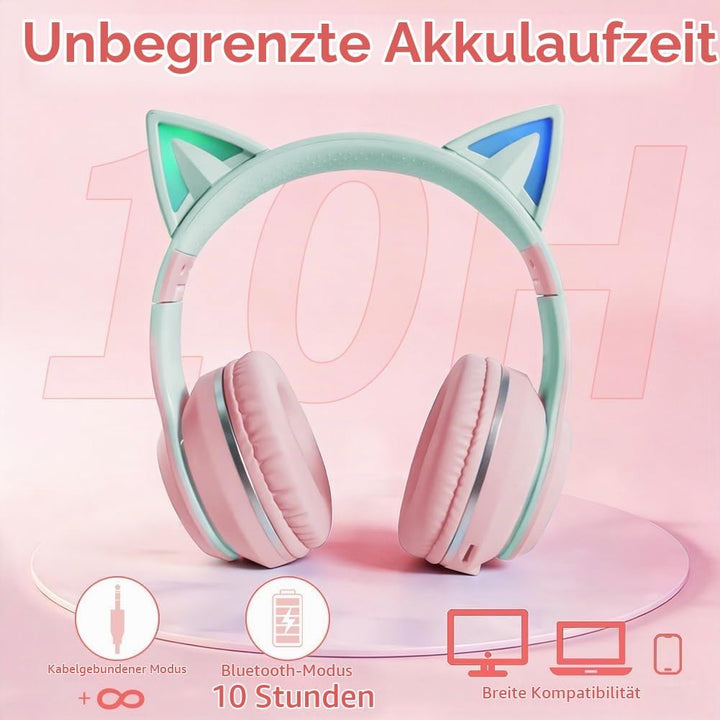 Kinder Bluetooth Kopfhörer, Katzenohr LED Lichter, Bluetooth 5.3 Stereo, Verstellbares Kopfband, 85d