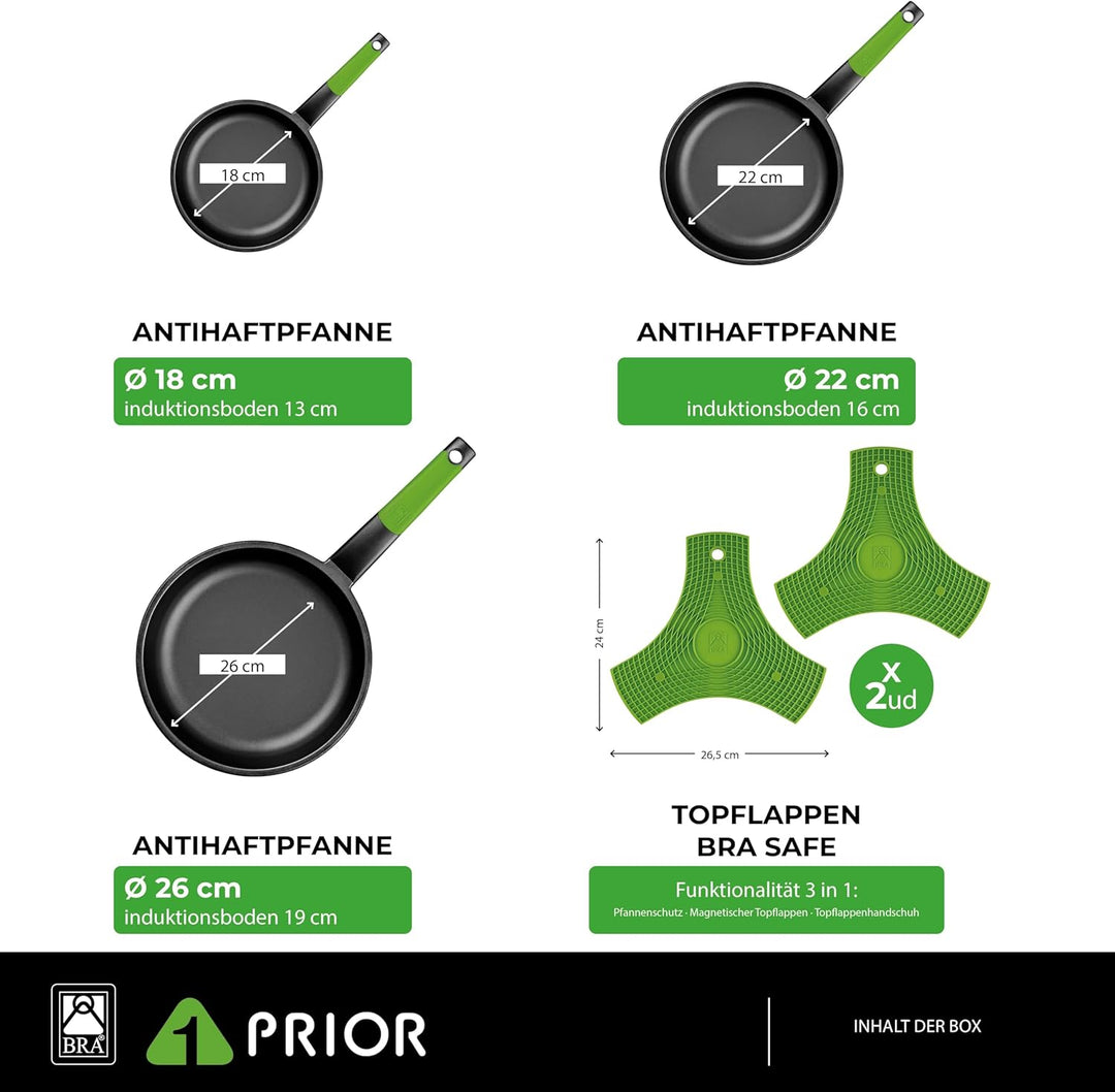 BRA Prior | Set mit 3 Bratpfannen, 18–22–26 cm, antihaftbeschichtetes Aluminiumguss, mit zwei sicher