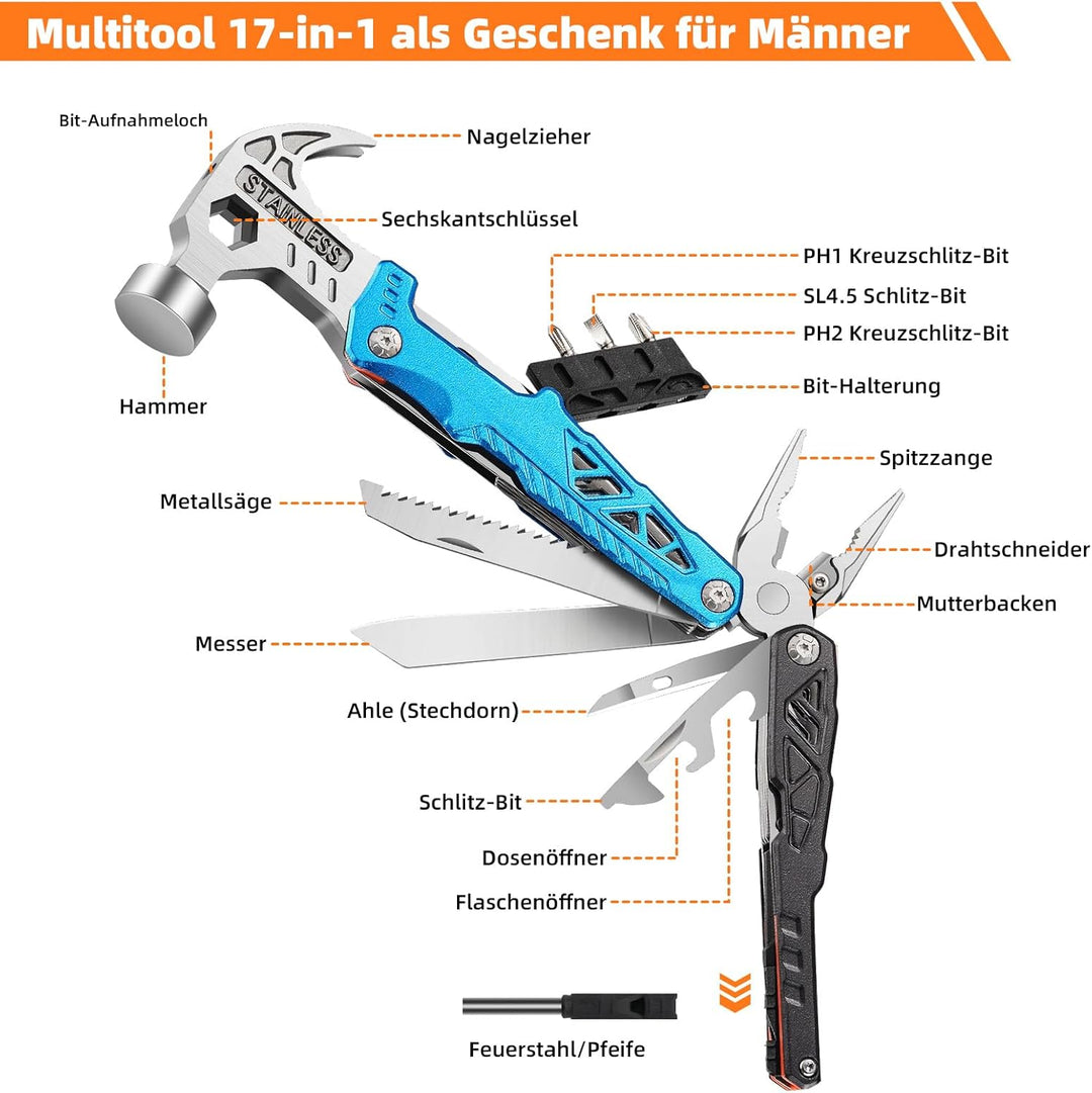 Multitool mit Hammer und Nagelzieher, robustes Werkzeug für Camping Outdoor Hammer Blau, Hammer Blau