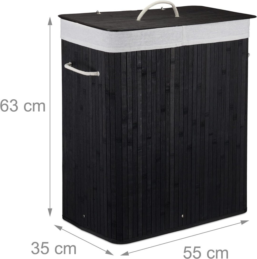 Relaxdays Wäschekorb Bambus mit Deckel, rechteckiger Wäschesammler, 2 Fächer, 95 l Volumen, faltbare