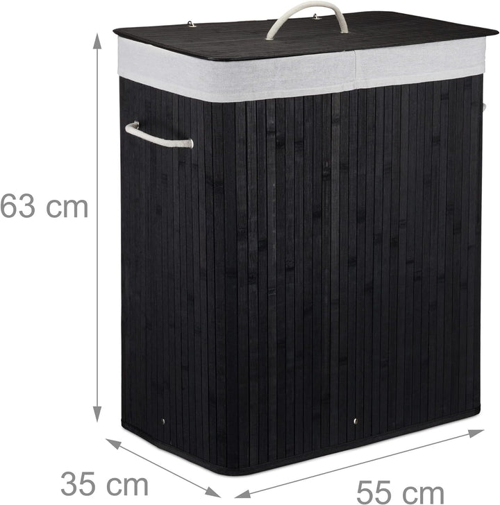 Relaxdays Wäschekorb Bambus mit Deckel, rechteckiger Wäschesammler, 2 Fächer, 95 l Volumen, faltbare