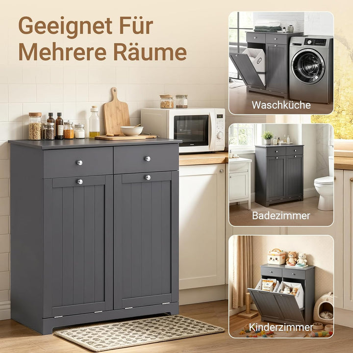 SoBuy Mülleimer Schrank mit 2 Fächern à 45L Mülltrennsystem Grau für Küche | Küchenschrank aus E1 MD