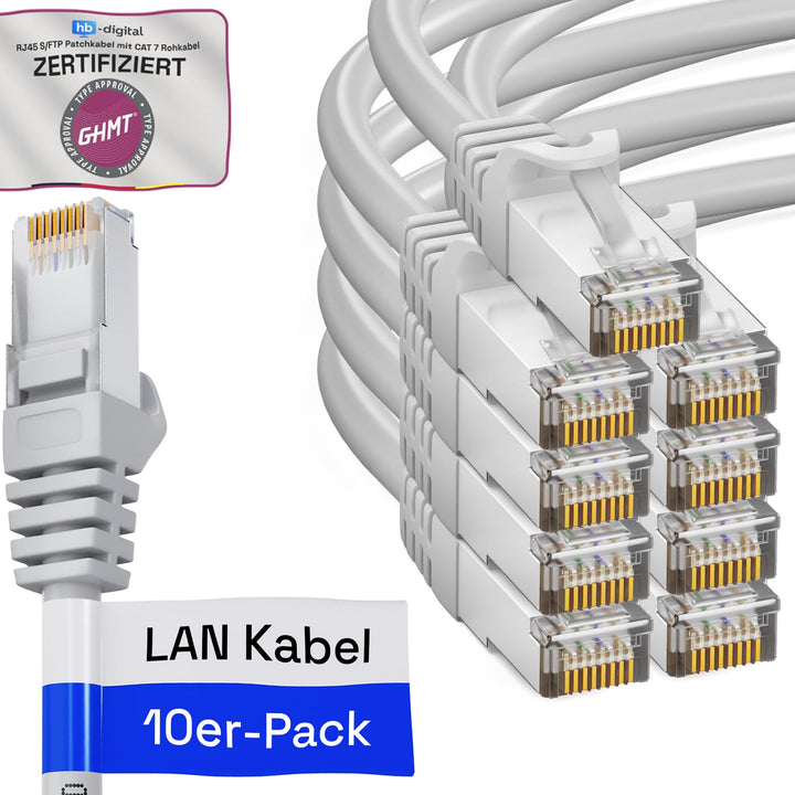 HB-DIGITAL 10x 0,5m LAN Kabel RJ45 Patchkabel mit CAT 7 Rohkabel S/FTP - GHMT zertifiziert - 10 Giga