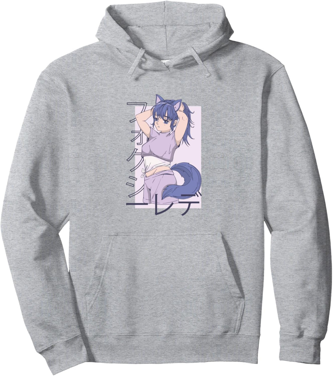 Fox Anime Mädchen mit violettem Haar und japanischen Buchstaben Pullover Hoodie