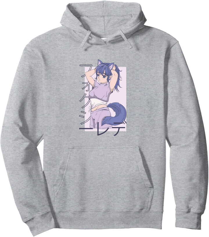 Fox Anime Mädchen mit violettem Haar und japanischen Buchstaben Pullover Hoodie