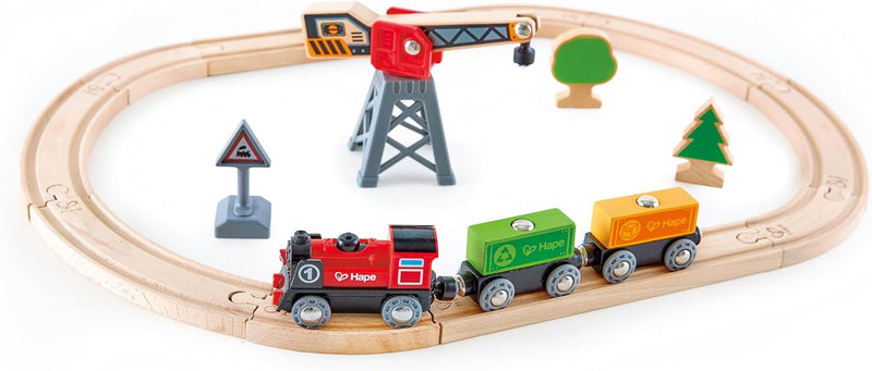 Hape Eisenbahnwelt Frachtlieferung-Eisenbahn, Kreis, 19 Teile aus Holz, ab 3 Jahren