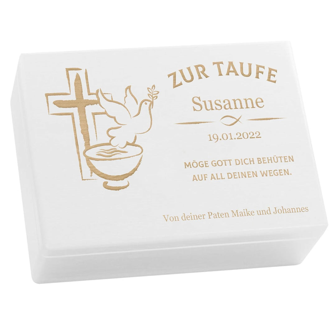 LAUBLUST Holzkiste mit Gravur - Personalisiert mit Name | Datum | WIDMUNG - Weiss, Grösse L - Friede