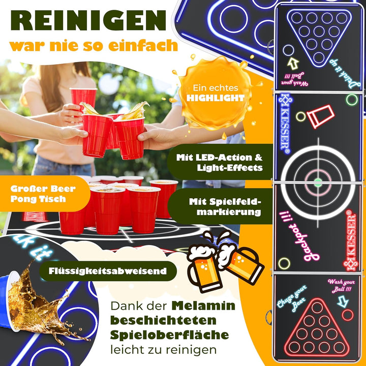 KESSER® Bier Pong Tisch Set mit Kartenspiel Trinkspiel LED-Action inkl. 100 Becher (50 Rot & 50 Blau