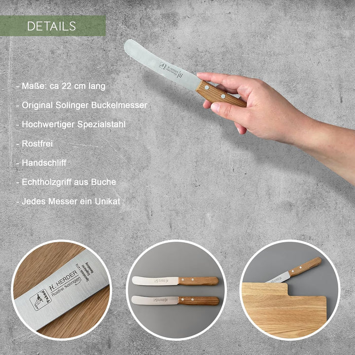 Personalisiertes Premium Frühstücksbrettchen mit Buckelsmesser, Wunsch-Name und Text graviert – Gesc