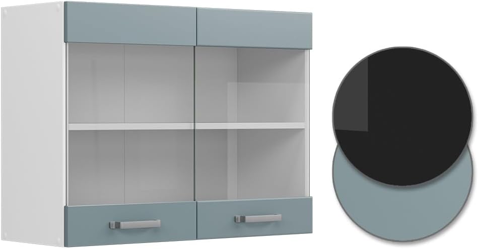 Vicco Küchenglasschrank R-Line, Glashängeschrank, Blau-Grau/Weiss, 80 cm, Blau-grau Hängeglassc
