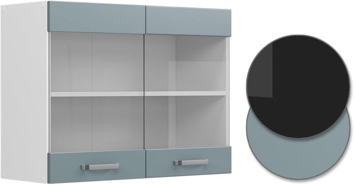 Vicco Küchenglasschrank R-Line, Glashängeschrank, Blau-Grau/Weiss, 80 cm, Blau-grau Hängeglassc