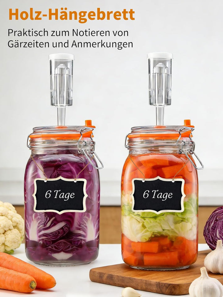 1,5L Fermentierglas, Fermentiergläser mit Gärventi & Gewicht, Kimchi Behälter Set mit Aufhängevorric