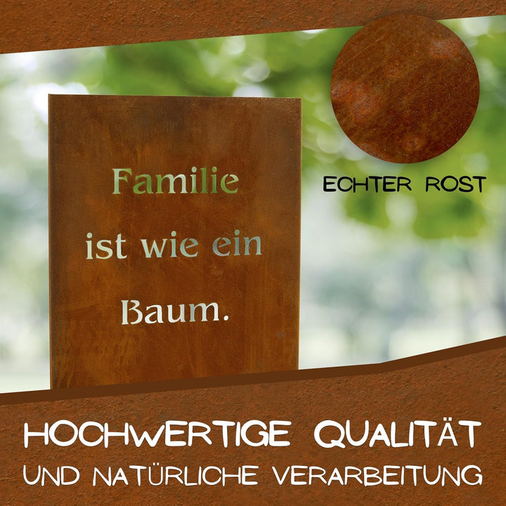Familie Spruchtafel 100 cm – Edelrost Deko-Schild aus Metall mit Spruch – Garten- und Wohnzimmer Dek