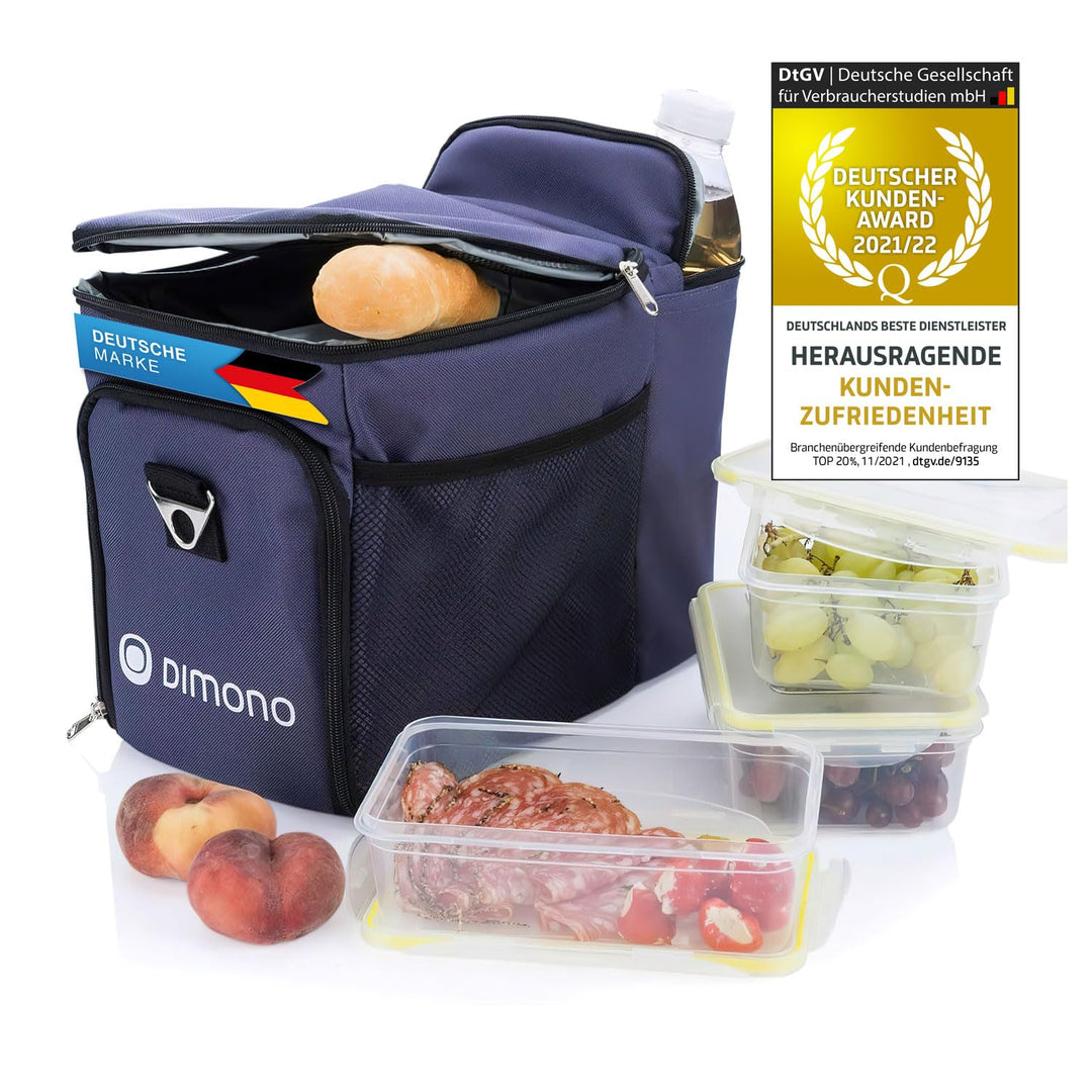 Dimono® Kühltasche 15L mit 3 Brotzeitdosen; Picknick-Tasche mit 3 Meal Prep Launchbox Dosen + Deckel