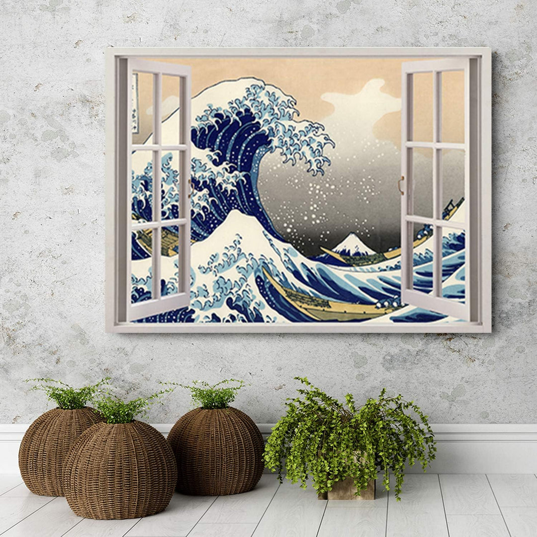 Feeby Wandbild Fenster-Illusion Druckbild Leinwandbild Wellen Blau 90x60 cm Leinwandbild 90x60 cm Bl
