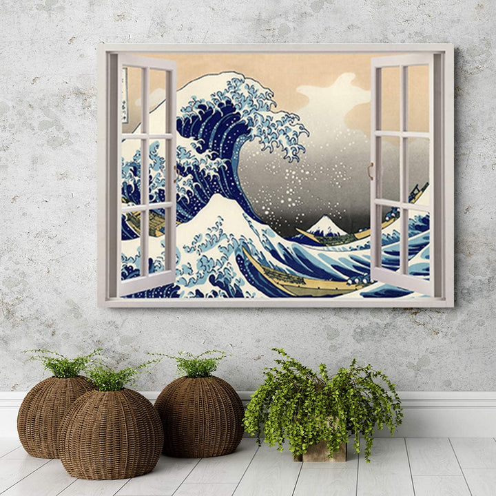 Feeby Wandbild Fenster-Illusion Druckbild Leinwandbild Wellen Blau 90x60 cm Leinwandbild 90x60 cm Bl