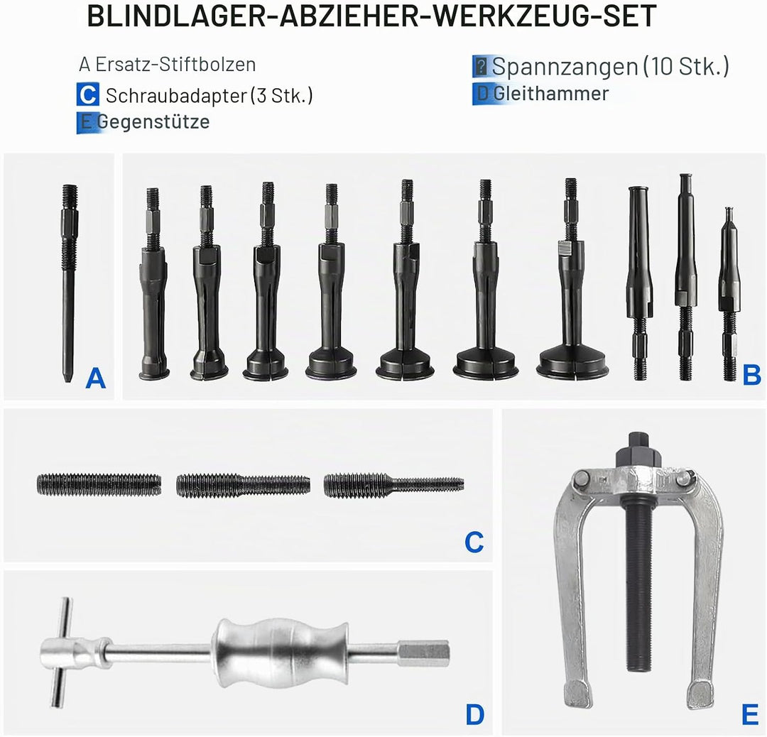 FreeTec 17tlg Innenlager Abzieher Set, 8-58mm Innenabzieher Lager, Grundloch Lagerabzieher Innenlage