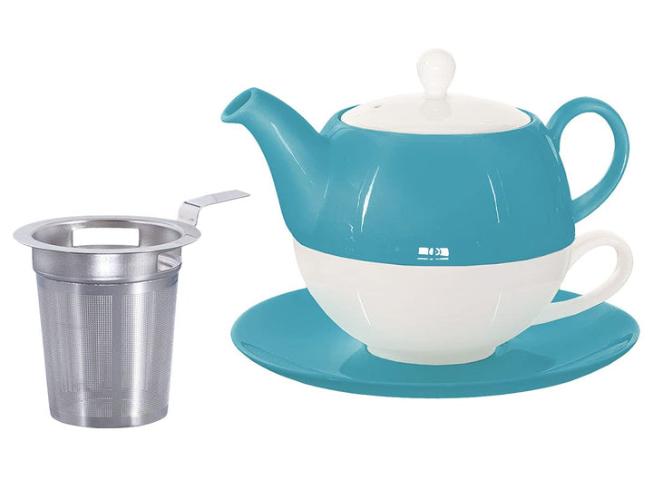 Tea for One mit Sieb Lena 500ml aus Crystal Bone China Porzellan in türkis. Teekanne + Teetasse + Un