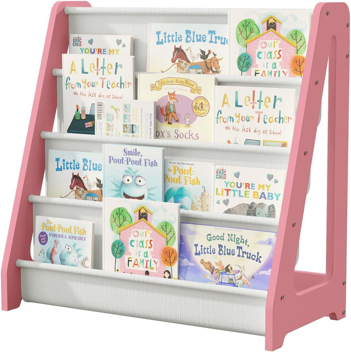 Bücherregal Kinder, Kinderregal mit 4 Stofffächern Kinderzimmer Regal 4 Ebenen Bücher-Organizer, 60x