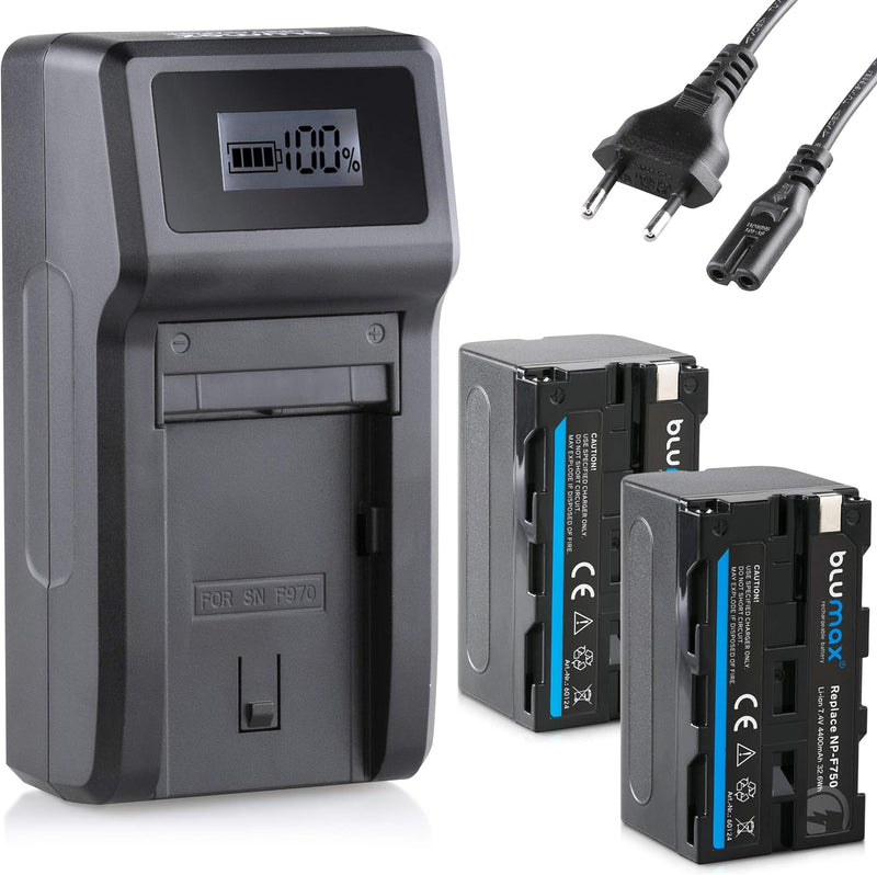 Blumax 2X Akku NP-F750 / NP-F550 4400mAh + Turbo-Ladegerät | kompatibel mit Sony NP-F970 NP-F960 NP-