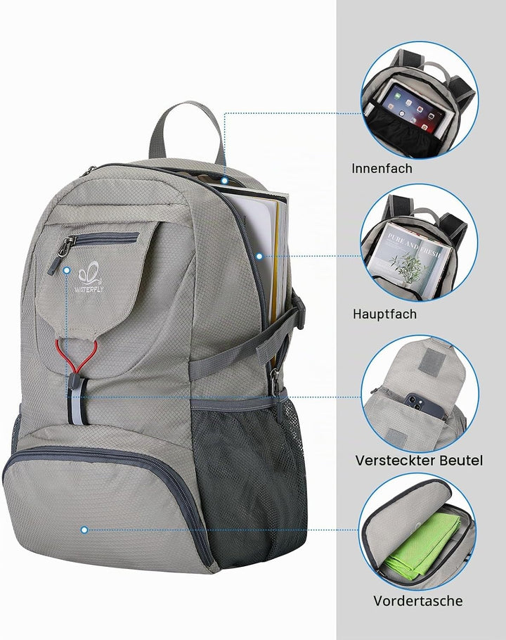 WATERFLY Ultraleicht Faltbar Klein Rucksack: 20L Leicht Packable Wanderrucksack Tagesrucksack Trekki