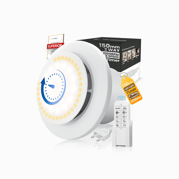 150mm Badlüfter mit Nachlauf & LED Beleuchtung,2200U/min 350m³/h，2 Wege 6 Drehstufen mit Anzeigelamp