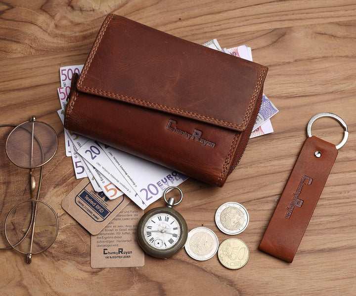 Chunkyrayan Echtleder Damen Geldbörse Hochwertig Vintage RFID Schutz inklusive Leder Schlüsselanhäng