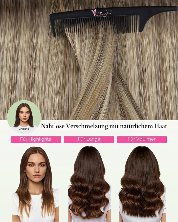 YoungSee Tape Extensions Echthaar Ombre 50 cm Echthaar Extensions Tape Ombre Braun bis Blond Tape in