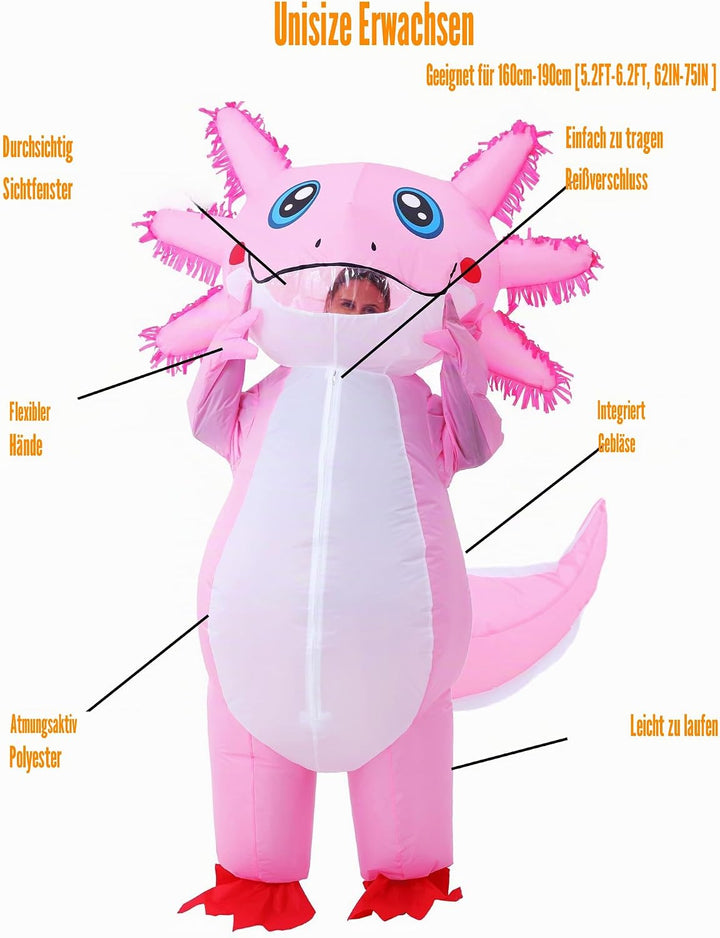 JOYBRO Aufblasbares Axolotl Kostüm, Lustiges Axolotl Kostüm, Perfekt für Halloween, Karneval, Cospla