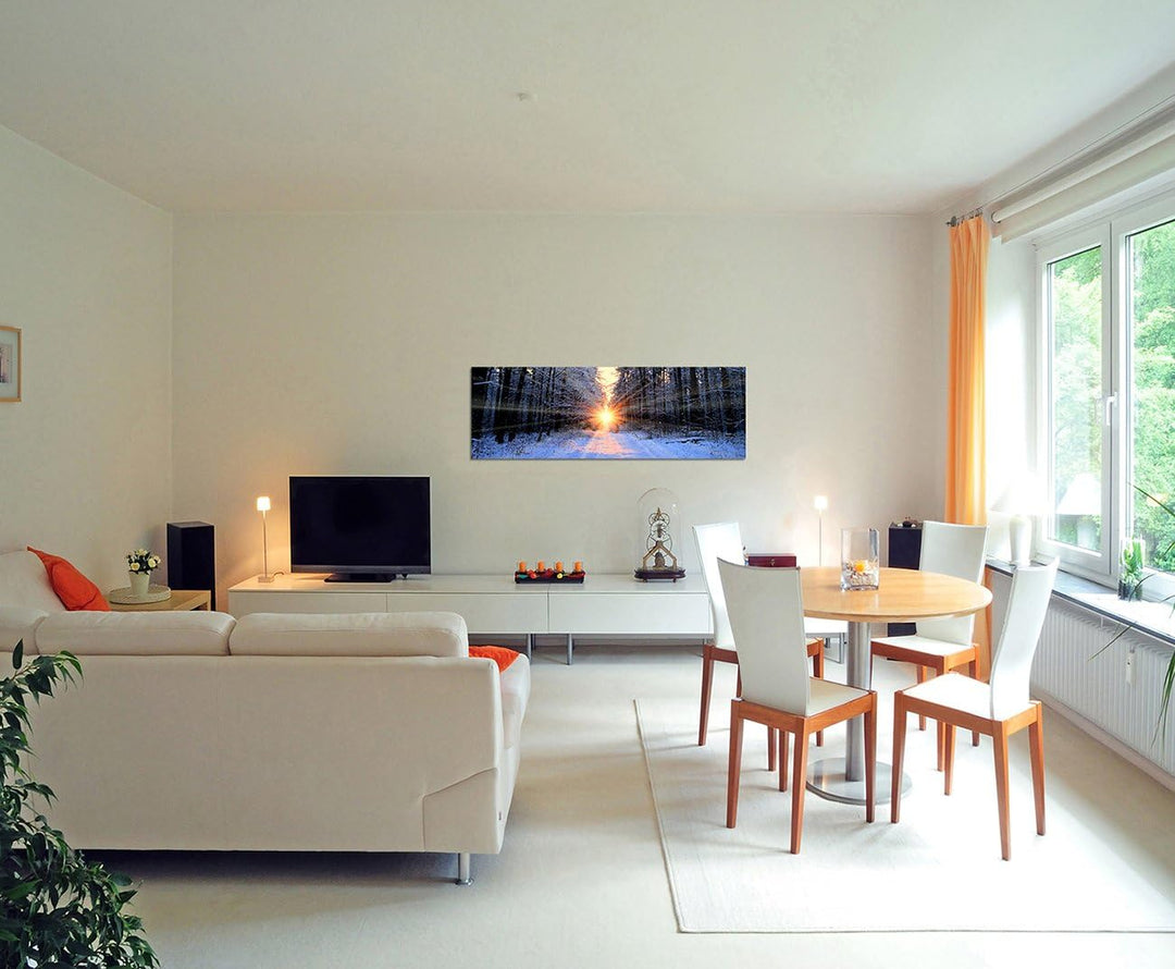 Paul Sinus Art Panoramabild auf Leinwand und Keilrahmen 150x50cm Wald Bäume Winter Schnee Sonnenaufg