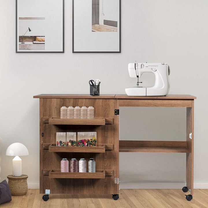 DREAMADE Nähtisch Nähmaschinenschrank Faltbar, Nähschrank Nähmöbel, Mehrzwecktisch mit 4 Rollen (Bra