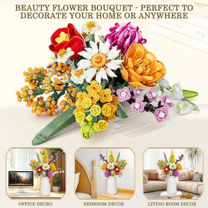 Blumen Bausteine Set für Erwachsene, 1070 Stück Blumenstrauss, künstliche Blume Bauklötze Bausatz Sp