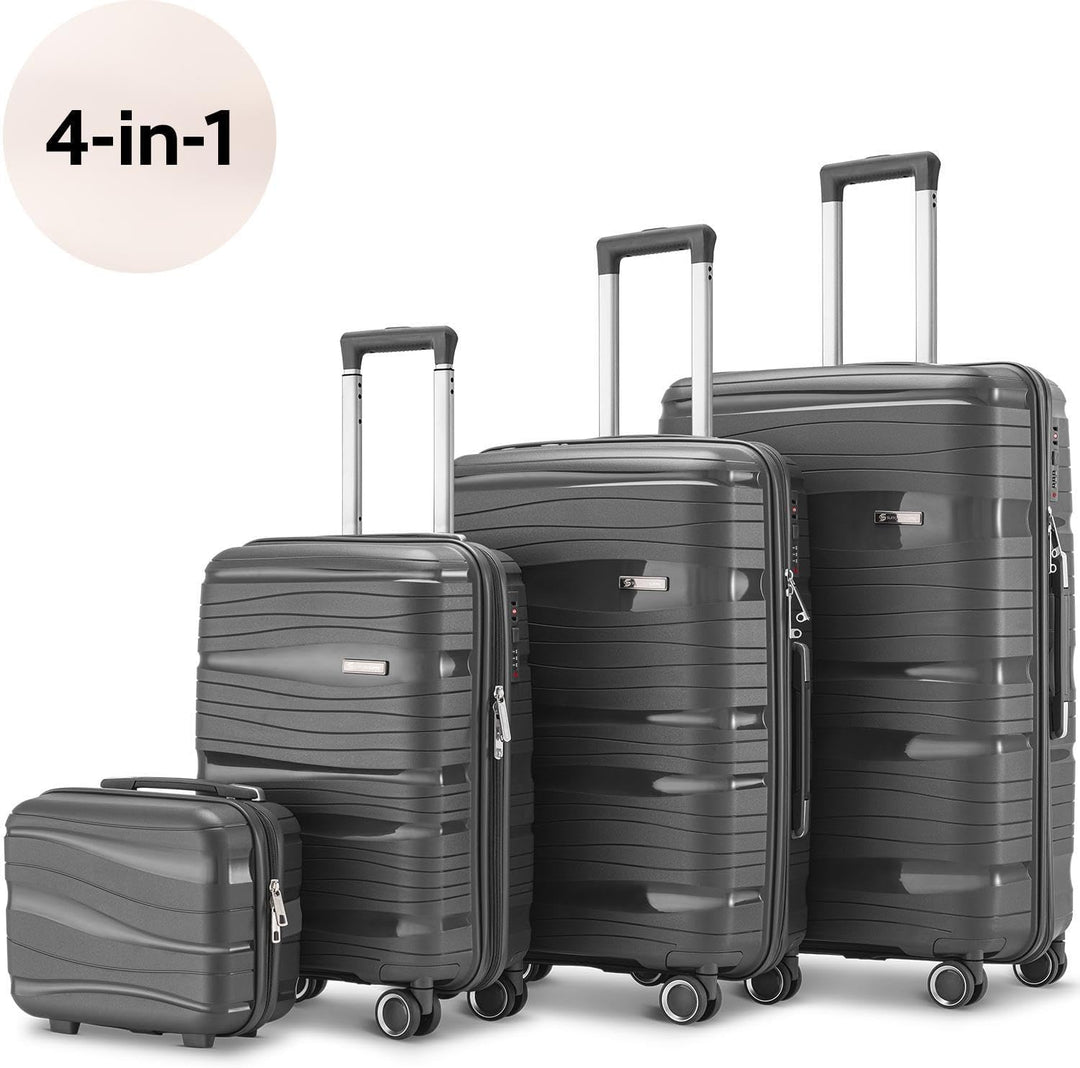 Travel One Kofferset 4-teilig – Anthrazit – Hartschalen Trolley-Set 32/60/98L, Zahlenschloss & 360°