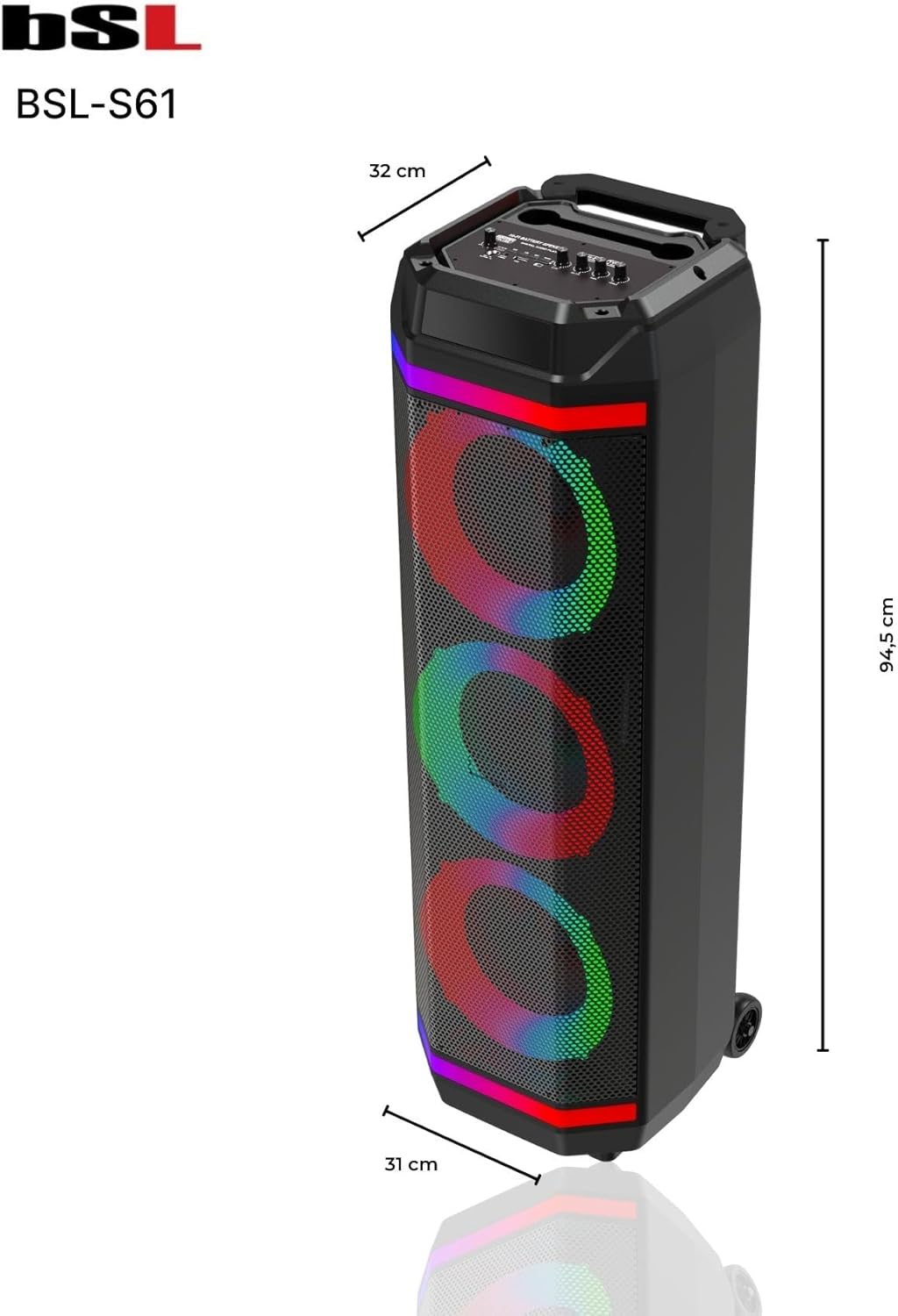 Bluetooth-Lautsprecher BSL-S61 mit Beleuchtung an den Lautsprechern | 3 Lautsprecher mit 8 Zoll | 50