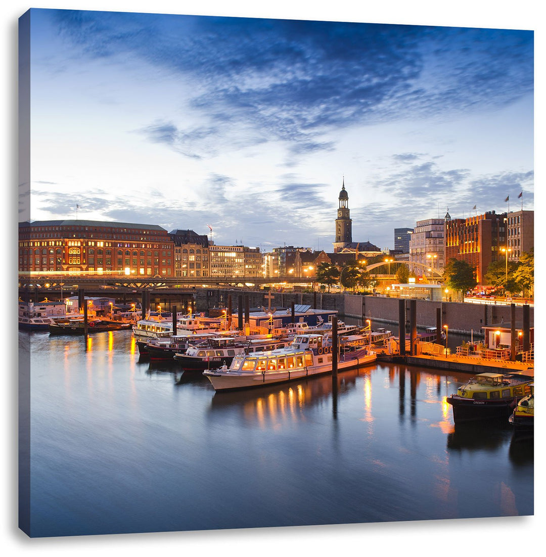Hamburger Hafen am Abend, Format: 70x70 auf Leinwand, XXL riesige Bilder fertig gerahmt mit Keilrahm