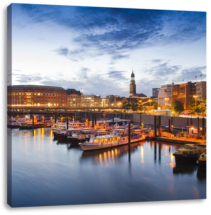 Hamburger Hafen am Abend, Format: 70x70 auf Leinwand, XXL riesige Bilder fertig gerahmt mit Keilrahm