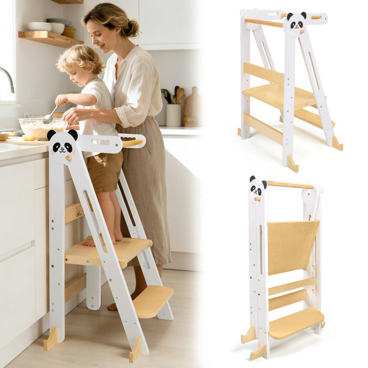 Lernturm Klappbar, Montessori Learning Tower für Kinder, 3-Fach Höhenverstellbar, Platzsparend, Sich
