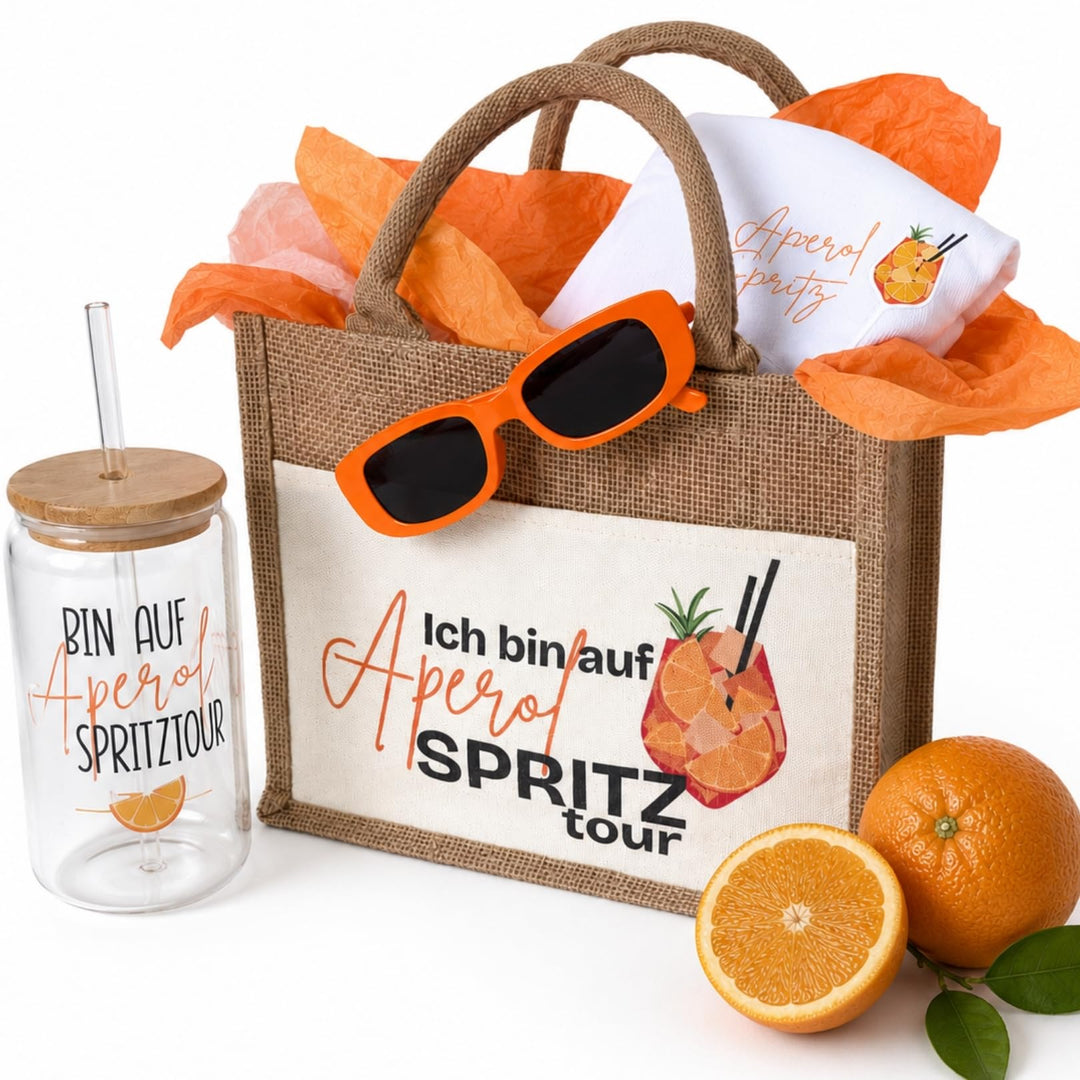 Aperol Spritz Geschenkset | Jutetasche mit Aperol T-Shirt Damen, Trinkglas mit Strohhalm | Sommer Ge