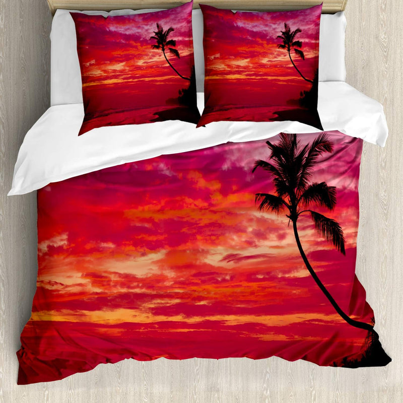 ABAKUHAUS rot Bettbezugs Set Für Doppelbetten, Tropical Island Beach Palms, Milbensicher Allergiker