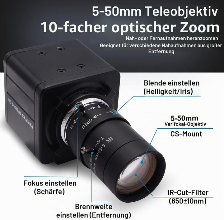Svpro 5MP USB Kamera mit Zoomobjektiv 5-50mm,10X optischer Zoom Webcam Manueller Fokus mit Aptina MI