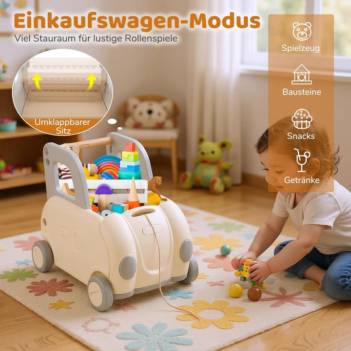 COSTWAY Baby Lauflernwagen, Lauflernhilfe mit Griff & Zugseil & Klappsitz, Spielzeugkiste auf Rädern